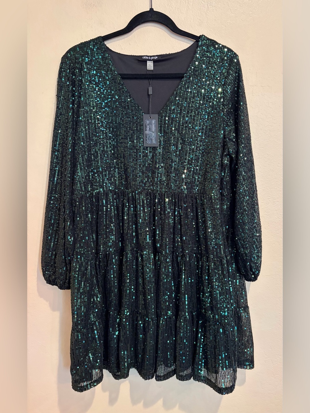 Cable & Gauge NWT Dark Green Sequin Party Dress, V-Neck w/ Long Sleeves, XL